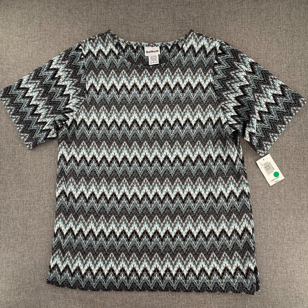 NEW! BonWorth Blouse Chevron/ ZigZag pattern Knit Short Sleeve large Metallic Po